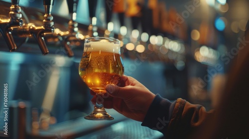Hands of a man delicately holding a glass of freshly poured beer  against the background of a tap