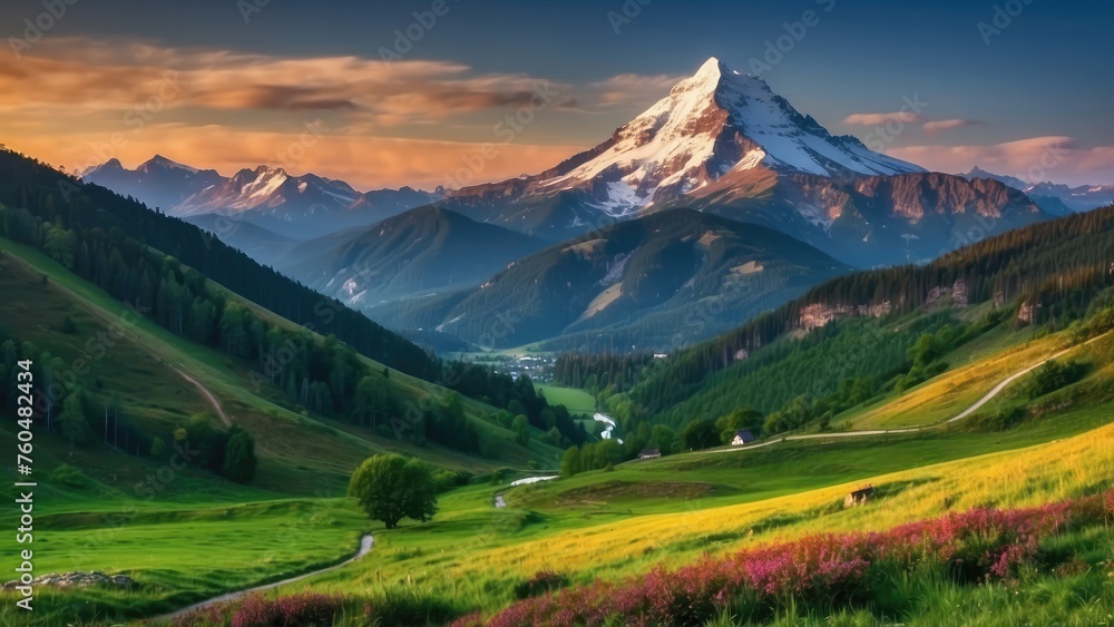 beautiful landscape with mountain and river illustration, hd wallpaper images