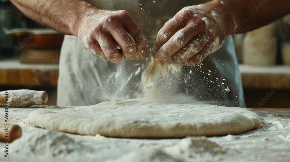 Male hands skillfully preparing pizza dough, with flour sprinkling the air