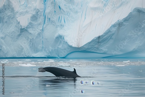 The tail of a humpback whale above the surface of the water in the waters of Greenland.
