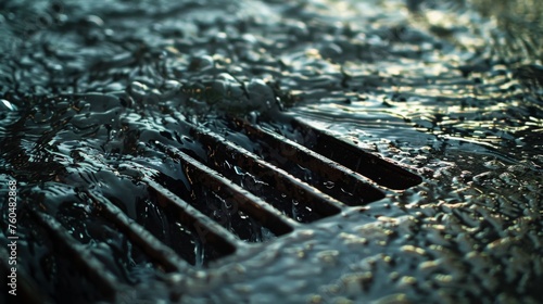Image of rainwater flowing through a metal grate on a storm drain photo