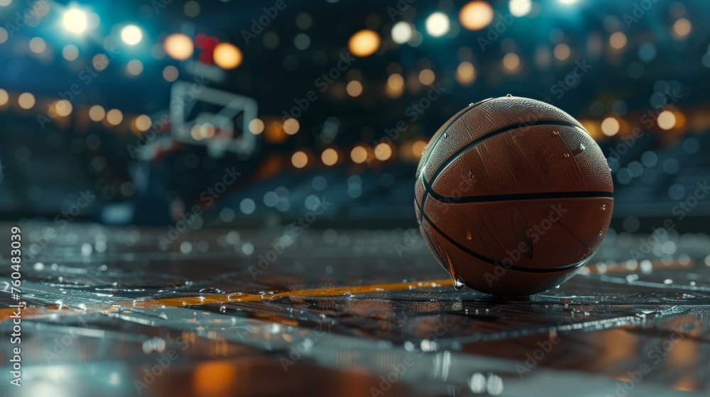 Basketball on the court, the bright colors of the ball and court markings stand out against a blurred background Basketball on the court, the bright colors of the ball and court markings stand out against a blurred background