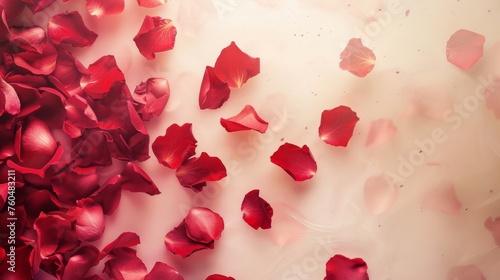 Banner with a top view of rose petals, the red petals of which are gracefully scattered on a pastel light surface