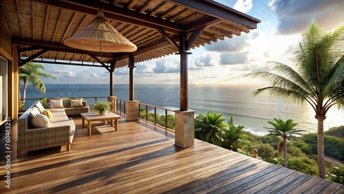 Balinese style deck overlooking the ocean © vectorize
