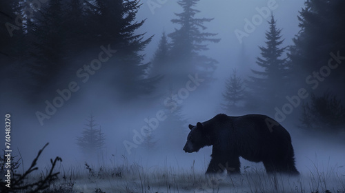 A silhouette of a bear by a puddle in a misty, forested landscape during twilight. 