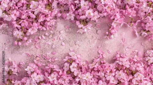 Cherry blossoms in full bloom  creating a vibrant pink carpet against a soft pastel pink background  perfect for a spring banner