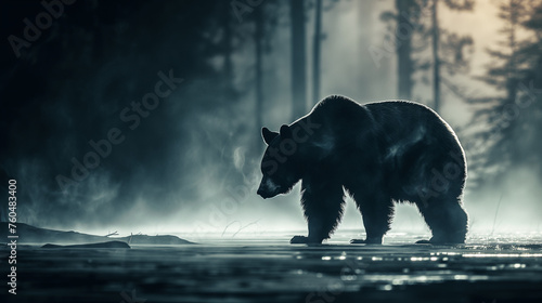 A silhouette of a bear by a puddle in a misty, forested landscape during twilight. 