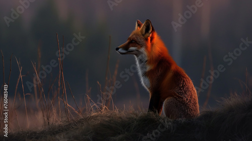 A red fox standing in a field with dry grass  illuminated by soft light. 