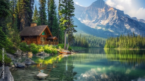 Log cabin surrounded by lush greenery near a quiet lake