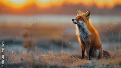 A red fox standing in a field with dry grass, illuminated by soft light. 