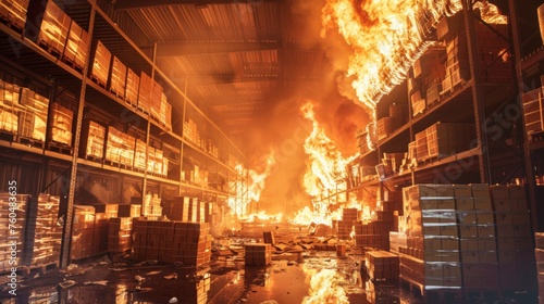 The fire quickly spreads through the warehouse, clouds of smoke and flames engulf stacked boxes photo