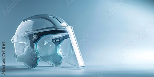 A clear, modern protective helmet with a visor, showcased on a soft blue background.