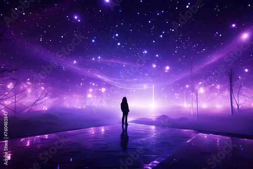  "woman traveling through a path of stars in the middle of the universe"