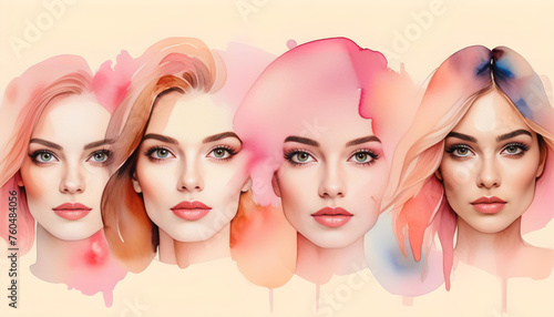 A watercolor art of three women's faces on a pastel pink background