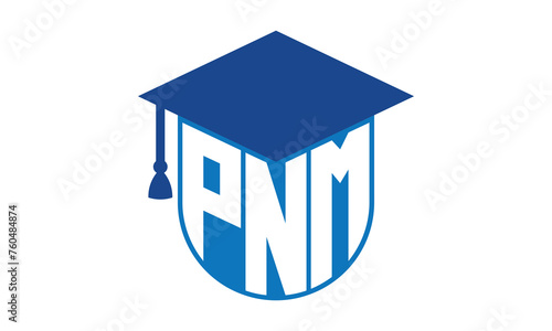 PNM initial letter academic logo design vector template. school college logo, university logo, graduation cap logo, institute logo, educational logo, library logo, teaching logo, book shop, varsity