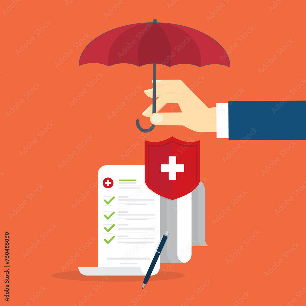 Medical healthcare insurance. Red shield on patient protection policy and pen.