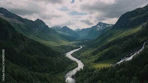 Enchanted Forest Serenity with mountain and river