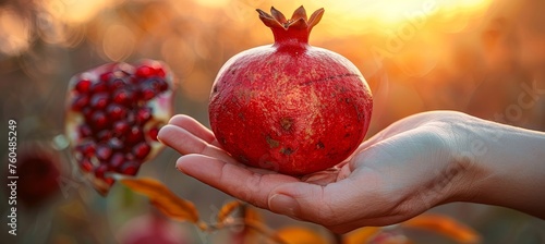 Ripe pomegranate in hand, selection of pomegranates on blurred background with copy space