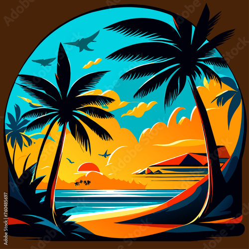 Tropical beach paradise with palm trees swaying in the summer sun