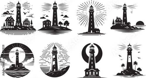 Lighthouse silhouette, black lighthouse silhouette with beacon on ocean and island
