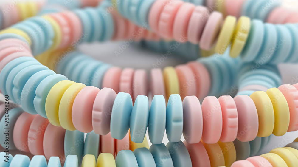 Pastellfarbene Zucker Perlen Halsketten oder Armbänder in Nahaufnahme auf weißem Hintergrund, Nostalgische Süßigkeiten - obrazy, fototapety, plakaty 