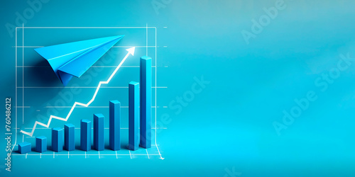 Growth graph on isolated background with blue paper plane  banner with space for text