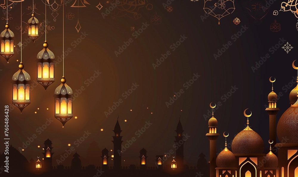 Ramadan Kareem golden light lanterns and mosque over a dark background with some lights