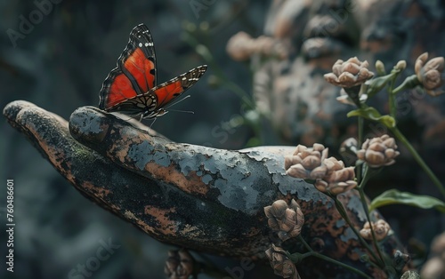 Delicate Rest, A vibrant butterfly perches on a weathered statue amidst budding flowers, a moment of beauty and stillness.