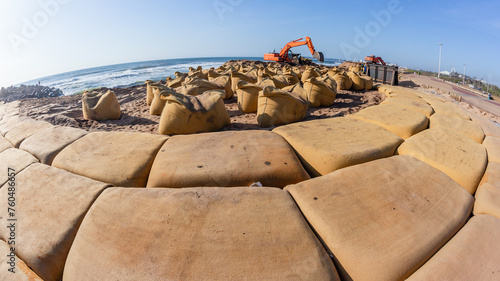 Beach Ocean Protection Sand Bags Barrier Coastline Weather Environment.