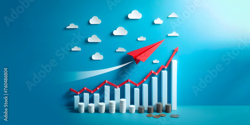 business graph with arrows and red red paper plane on an isolated background, banner with space for text