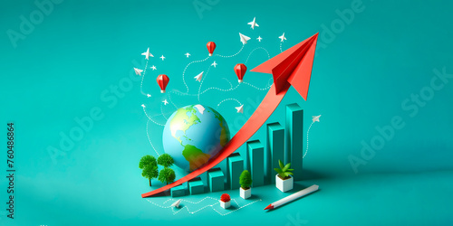 business graph with arrows and red red paper plane on an isolated background, banner with space for text