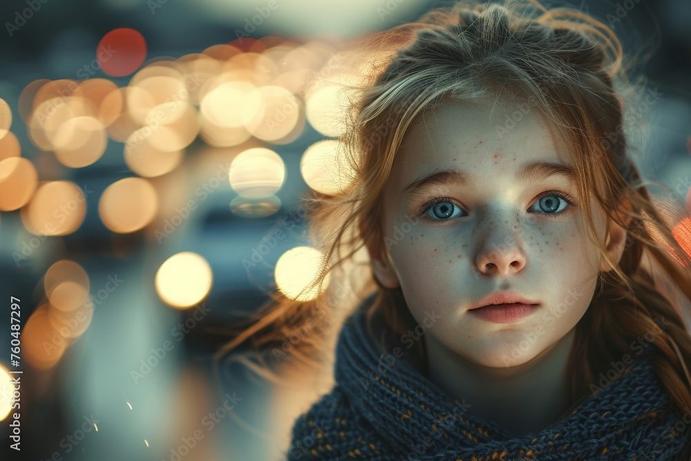 Portrait of a young girl with captivating gaze, surrounded by dreamy bokeh lights in the background Portrait of a young girl with captivating gaze, surrounded by dreamy bokeh lights in the background