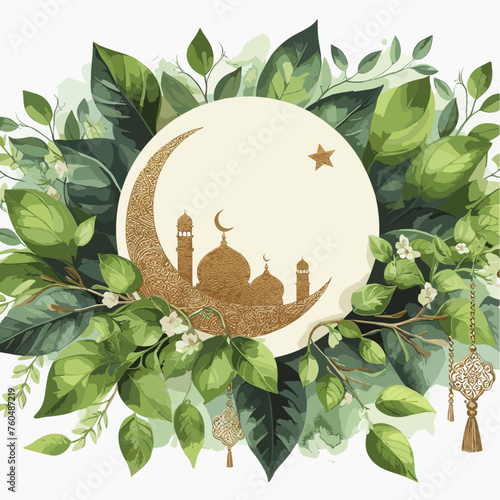 Ramadan greeting card background with green leaves photo