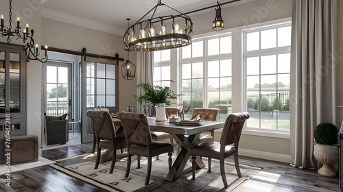 Modern rustic dining room with a farmhouse dining table, leather dining chairs, and a wrought iron chandelier with Edison bulbs