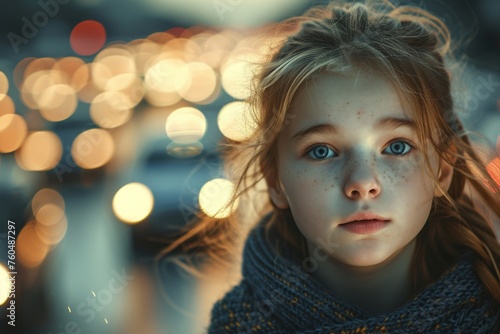 Portrait of a young girl with captivating gaze, surrounded by dreamy bokeh lights in the background