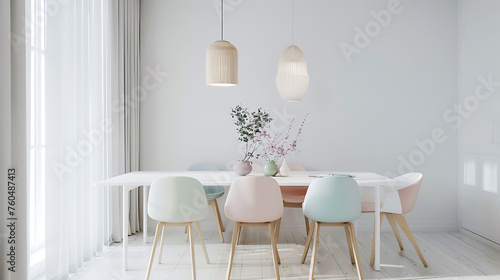 Scandinavian-inspired dining room with a white dining table, pastel-colored dining chairs, and a sleek pendant light with wooden accents