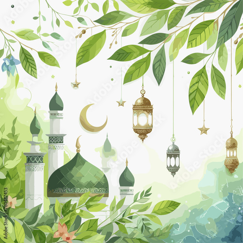 Ramadan greeting card background with green leaves photo