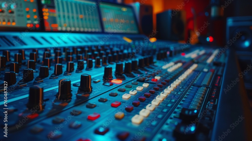Sound mixer. Modern Music Record Studio Control Desk. Studio for recording music and sound in neon colors. Sound mixer. Modern Music Record Studio Control Desk. Studio for recording music and sound in neon colors.