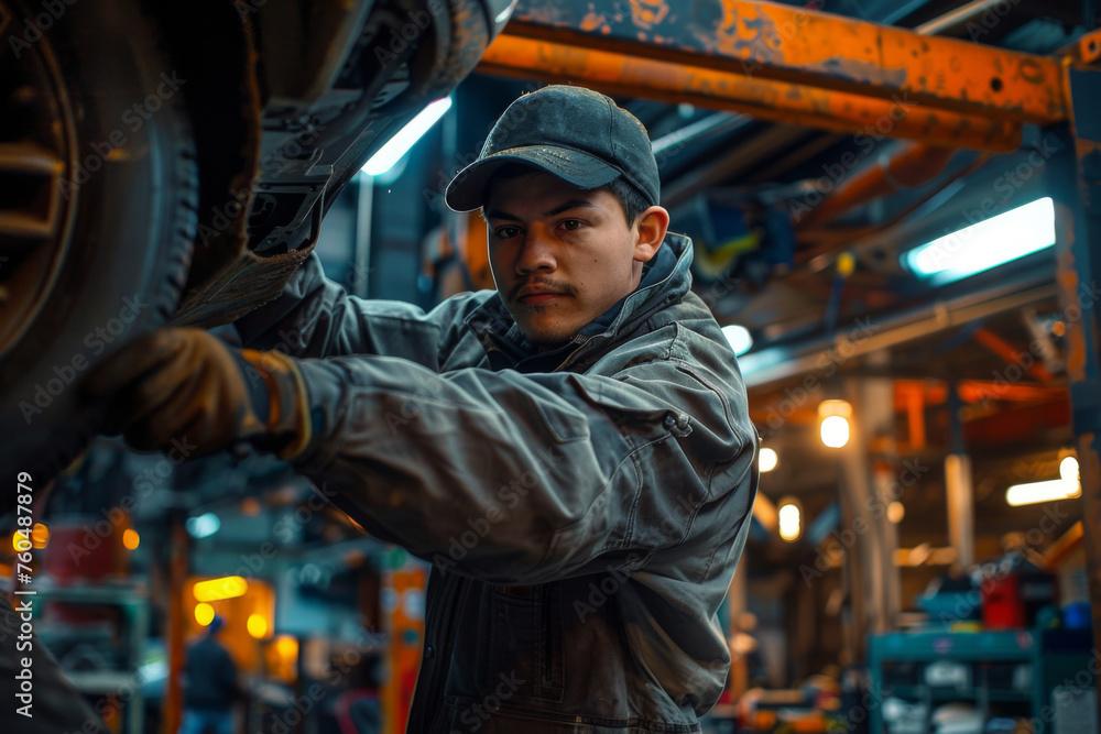 Fototapeta premium Professional Mechanic Repairing Car in Auto Workshop