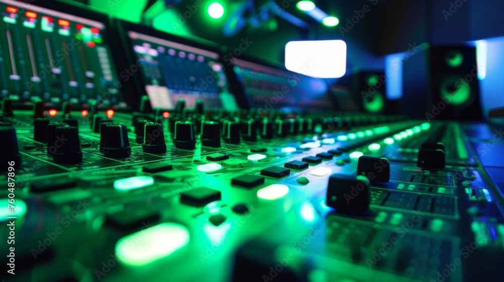 Sound mixer. Modern Music Record Studio Control Desk. Studio for recording music and sound in green colors. Sound mixer. Modern Music Record Studio Control Desk. Studio for recording music and sound in green colors.