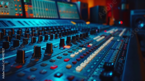 Sound mixer. Modern Music Record Studio Control Desk. Studio for recording music and sound in neon colors. 