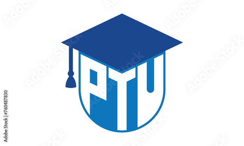 PTU initial letter academic logo design vector template. school college logo, university logo, graduation cap logo, institute logo, educational logo, library logo, teaching logo, book shop, varsity photo