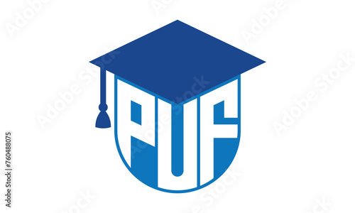 PUF initial letter academic logo design vector template. school college logo, university logo, graduation cap logo, institute logo, educational logo, library logo, teaching logo, book shop, varsity