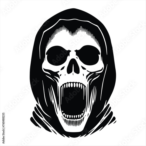 Skull on Fire, burning skull tattoo, Logo template, black and white vector illustration isolated on white background