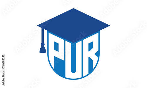 PUR initial letter academic logo design vector template. school college logo, university logo, graduation cap logo, institute logo, educational logo, library logo, teaching logo, book shop, varsity