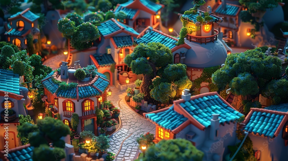 miniature village scene. Blue night and a center winding road in village