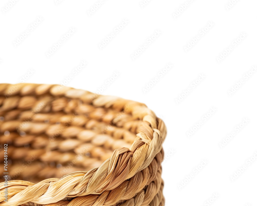 Сlose-up of woven natural fiber basket on transparent background, craftsmanship and texture detail