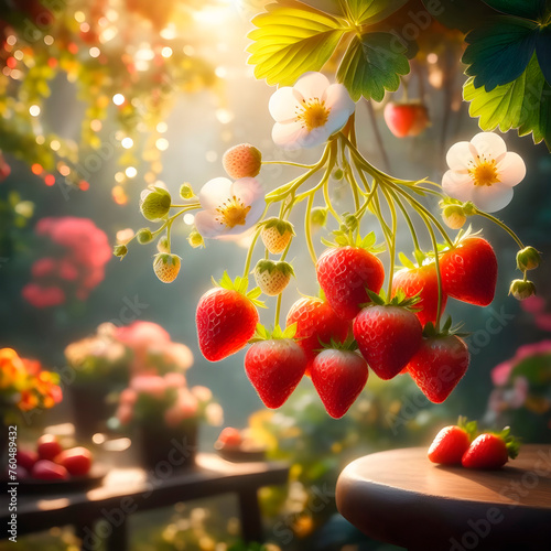 realistic photography of hanging strawberries with a garden background and shining sun in background