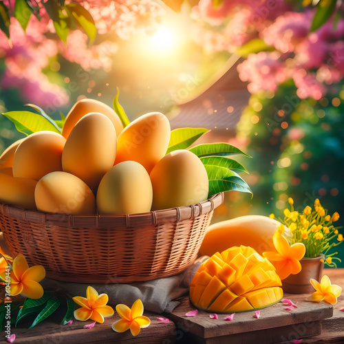 A basket of fresh mangoes on a wooden table with garden background