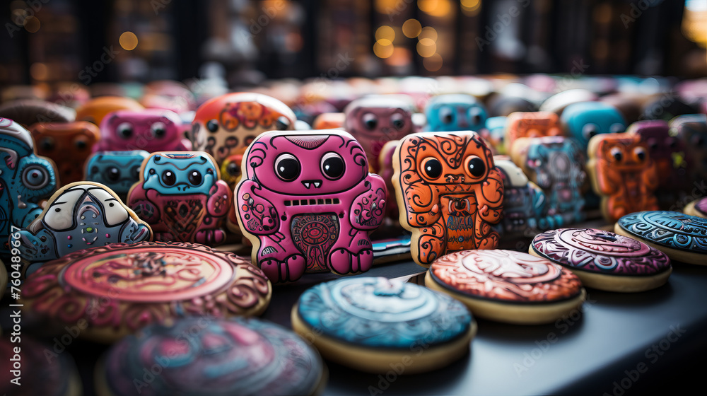 Cute colorful glazed сraft cookies that depict playful and creative extraterrestrial charactersю